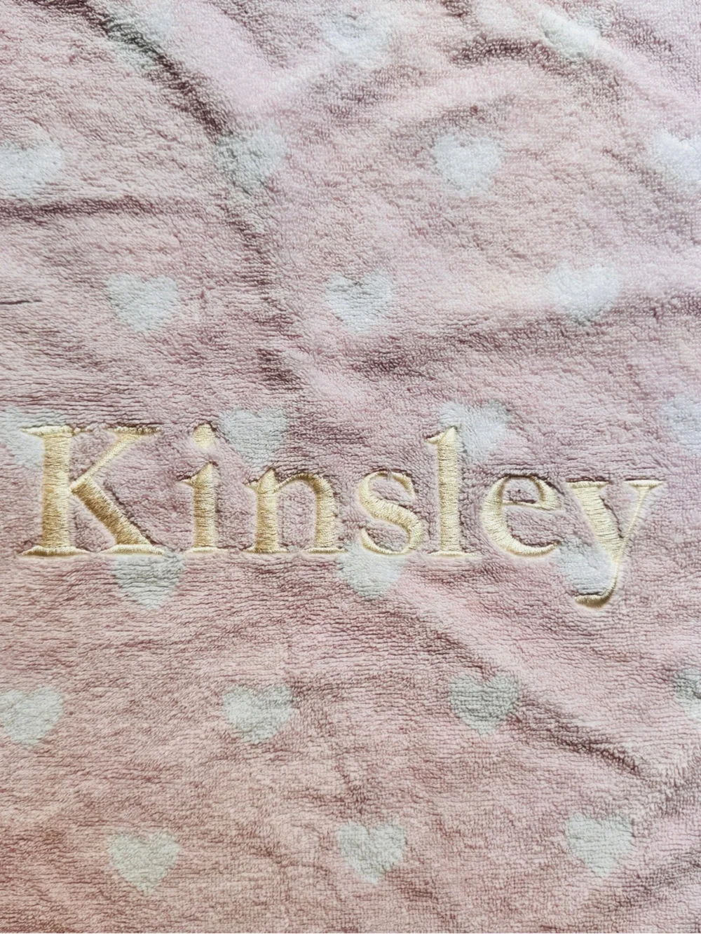 Pottery Barn Kids Pink Hooded Towel with White Hearts “Kinsley” embroidered